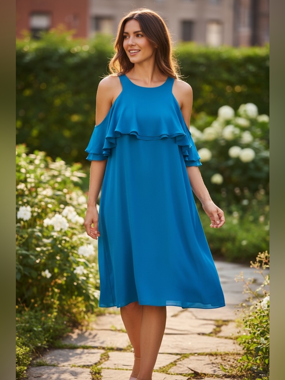 Nicole Miller Bright Blue Ruffle off the shoulder Dress
